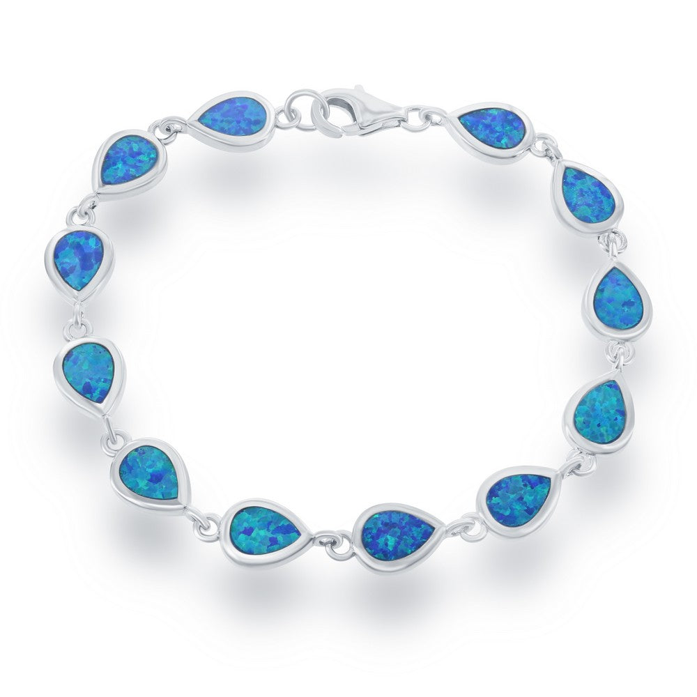Sterling Silver Teardrop Created Blue Inlay Opal Bracelet, 7".