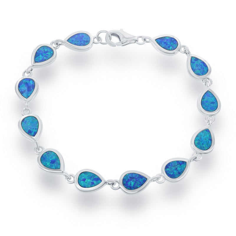 Sterling Silver Teardrop Created Blue Inlay Opal Bracelet, 7".