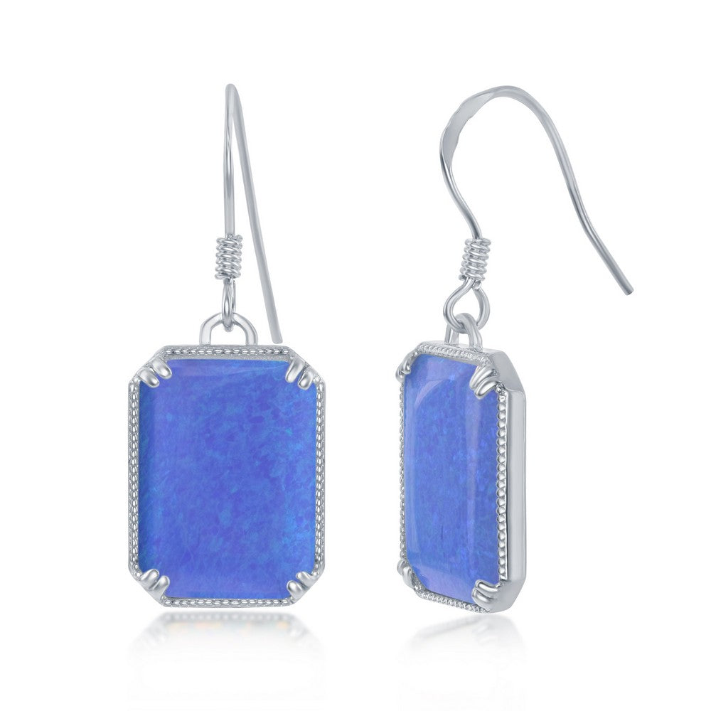 Sterling Silver Earrings with Rectangle Shape Created Blue Opal with rope border design.