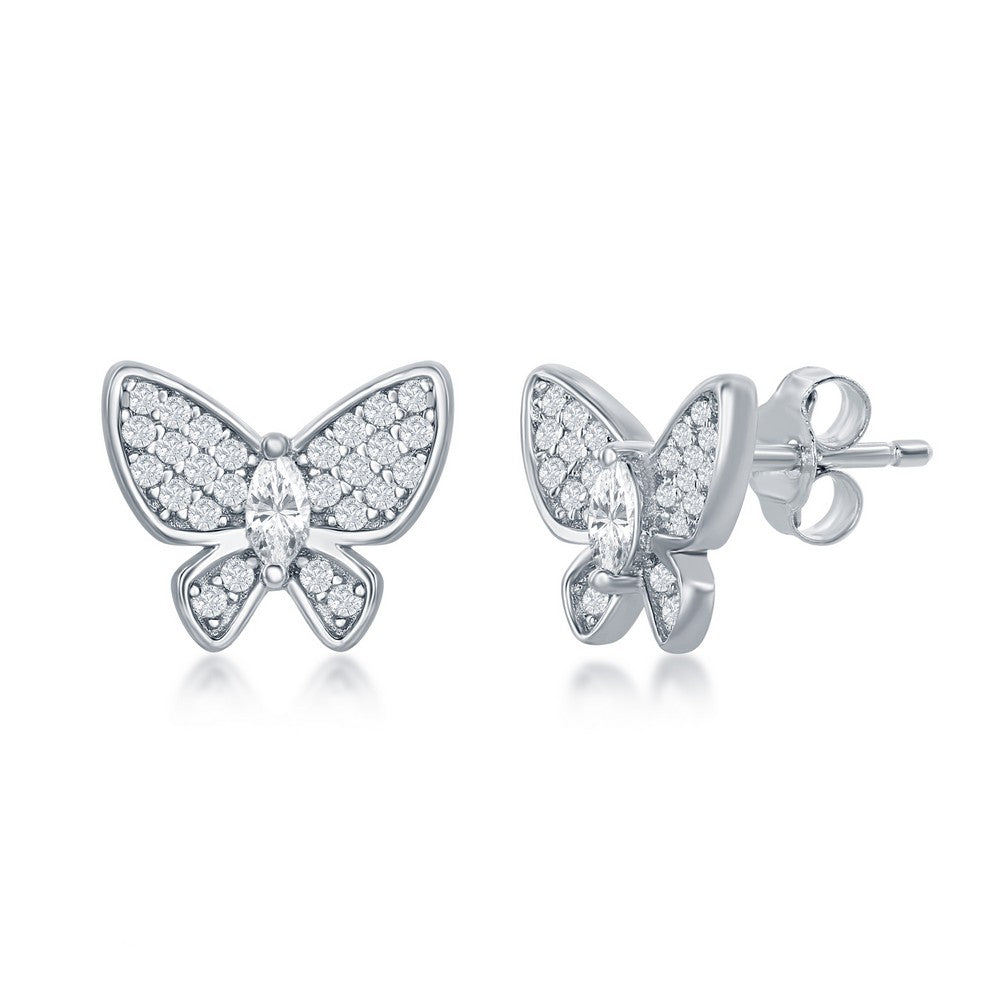 Sterling Silver Pave Butterfly Stud CZ Earrings.