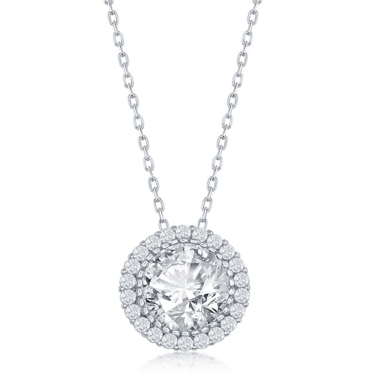 Sterling Silver Round Halo CZ Necklace on adjustable 16+2" Sterling Silver Chain.