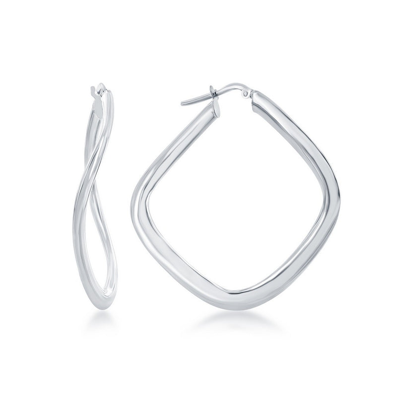 Sterling Silver Large Curved Square Hoop Earrings.