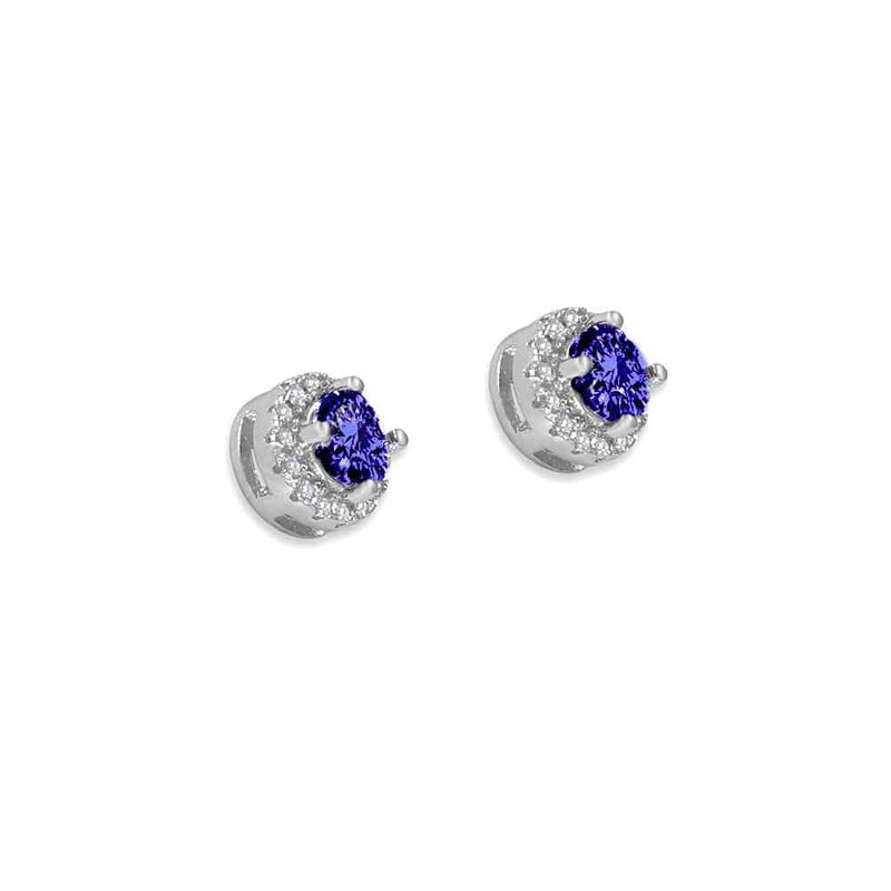 From the Anastasia Collection by Anna Zuckerman Luxury, Sterling Silver Sapphire Blue CZ Halo Stud Earrings.