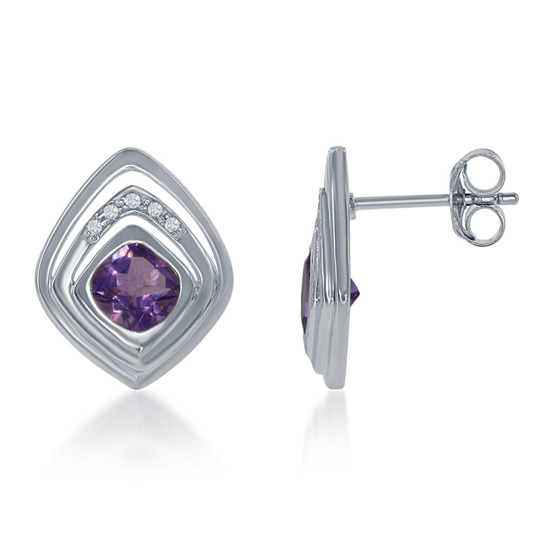 Bellissima Sterling Silver Amethyst and White Topaz Square Earrings (88657)