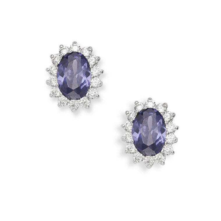 Sterling Silver Oval Simulated Tanzanite CZ with Clear CZ Border Stud Earrings (90788)