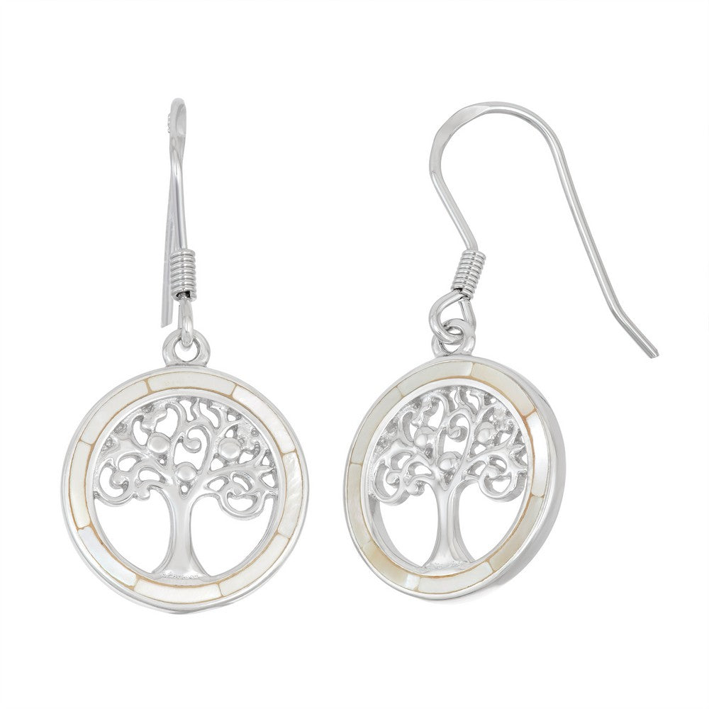 Sterling Silver Round White MOP with Center Tree of Life Earrings (89041)