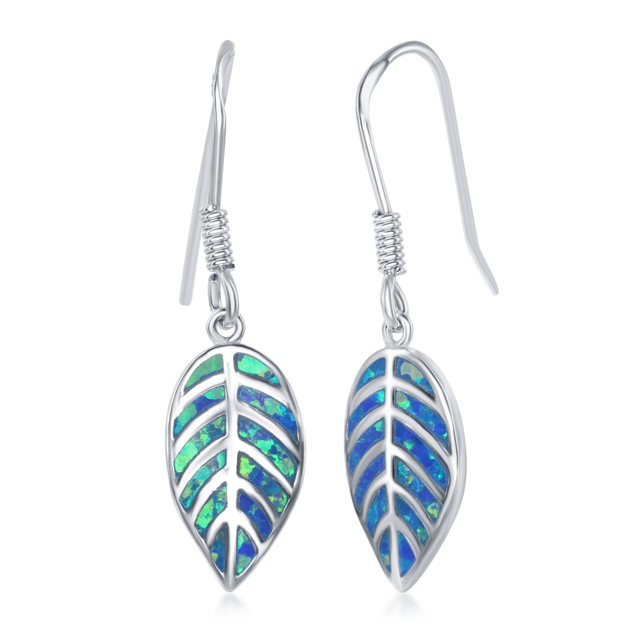 Sterling Silver Created Blue Opal Leaf Earrings (90793)