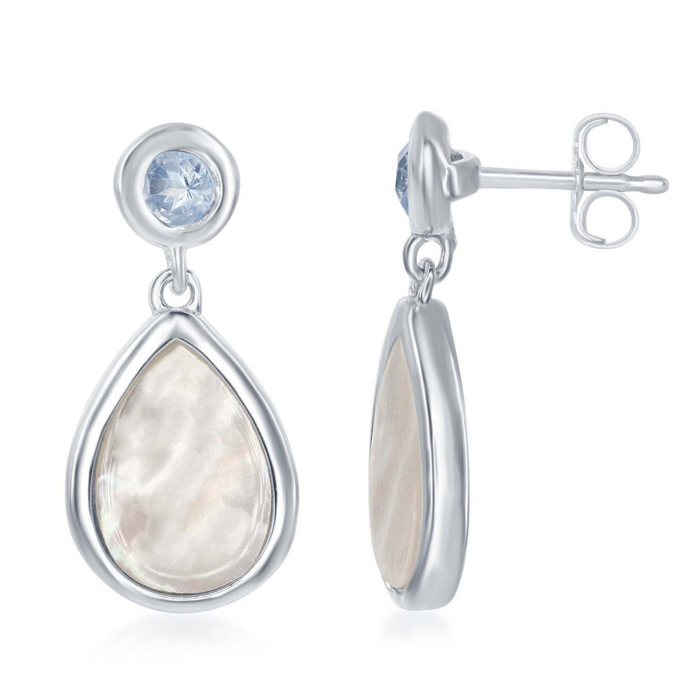 Sterling Silver Bezel Set Blue Topaz and Teardrop Mother of Pearl Earrings 