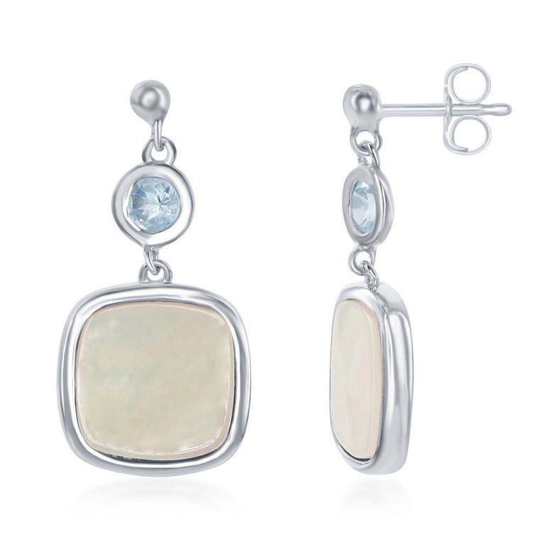 Sterling Silver Bezel Set Blue Topaz and Square Mother of Pearl Earrings (91892)