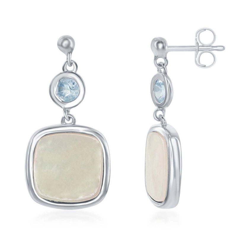 Sterling Silver Bezel Set Blue Topaz and Square Mother of Pearl Earrings 
