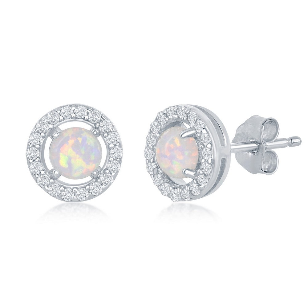 Sterling Silver Created White Opal with CZ Halo Round Stud Earrings