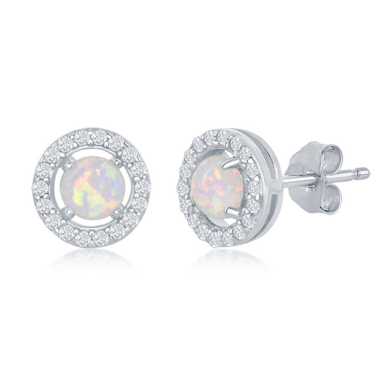 Sterling Silver Created White Opal with CZ Halo Round Stud Earrings (93094)