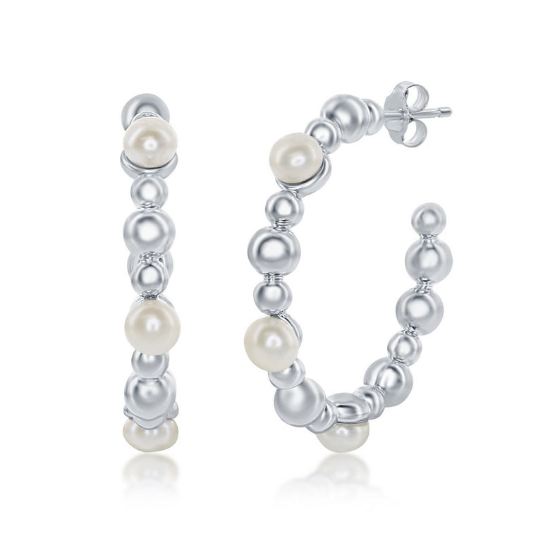 Sterling Silver Freshwater Pearl Beaded Hoop Earrings (95881)