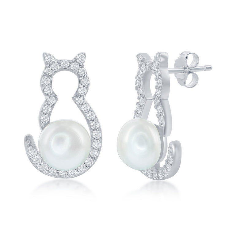 Sterling Silver Cubic Zirconia Cat with Freshwater Pearl Earrings (97585)