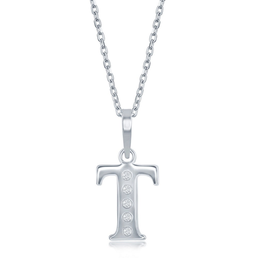 Sterling Silver 0.03cttw Diamond 'T' Initial Pendant