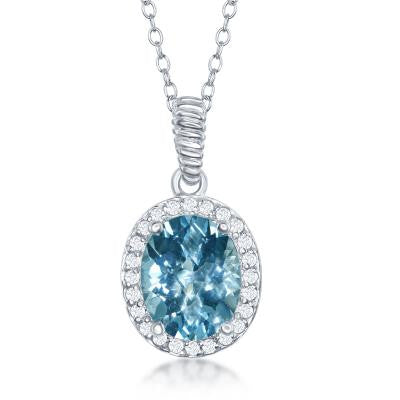 Sterling Silver Oval Halo Blue and White Topaz Pendant with 16+2" adjustable Sterling Silver Chain