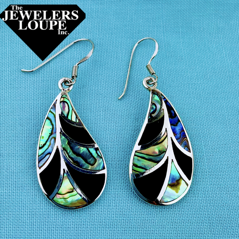 Sterling Silver Abalone and Onyx Leaf Earrings with Sterling Silver Fishhooks.