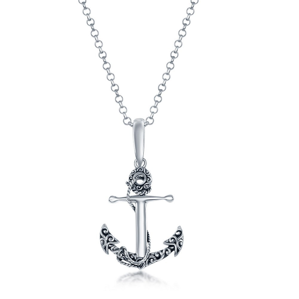 Sterling Silver Detailed Antiqued Anchor Pendant 