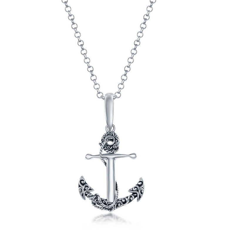 Sterling Silver Detailed Antiqued Anchor Pendant 