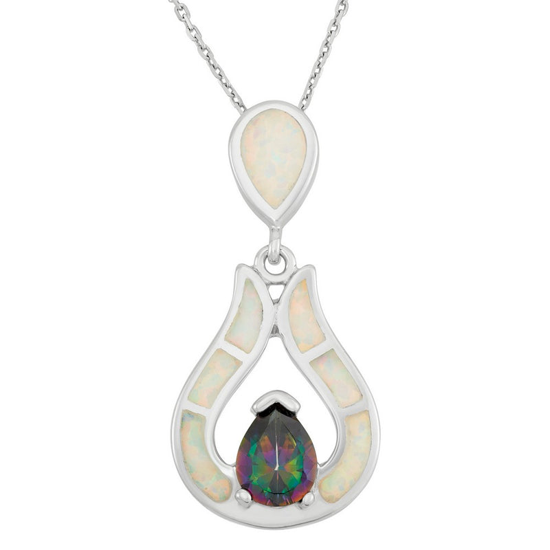 Sterling Silver Created White Opal Inlay with Rainbow Cubic Zirconia Pendant on 18" Sterling Silver Chain.