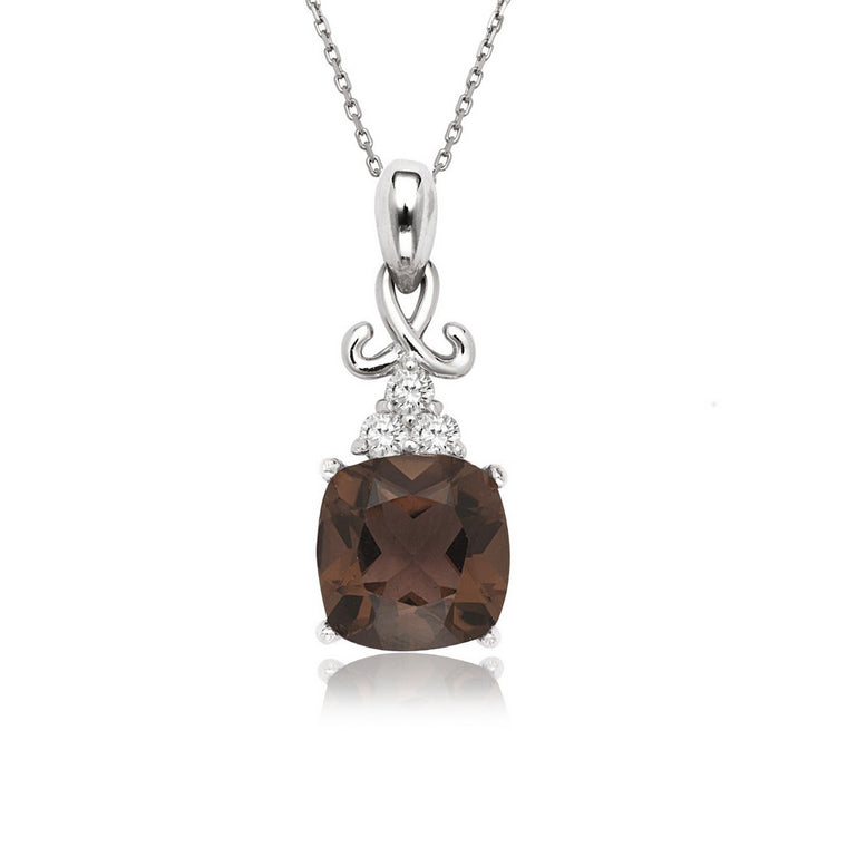 Sterling Silver White Topaz and Large Square Smoky Quartz Pendant (90797)