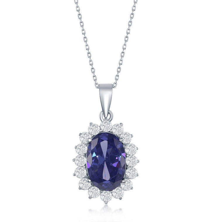 Sterling Silver Oval Simulated Tanzanite CZ with Clear CZ Border Necklace (91005)
