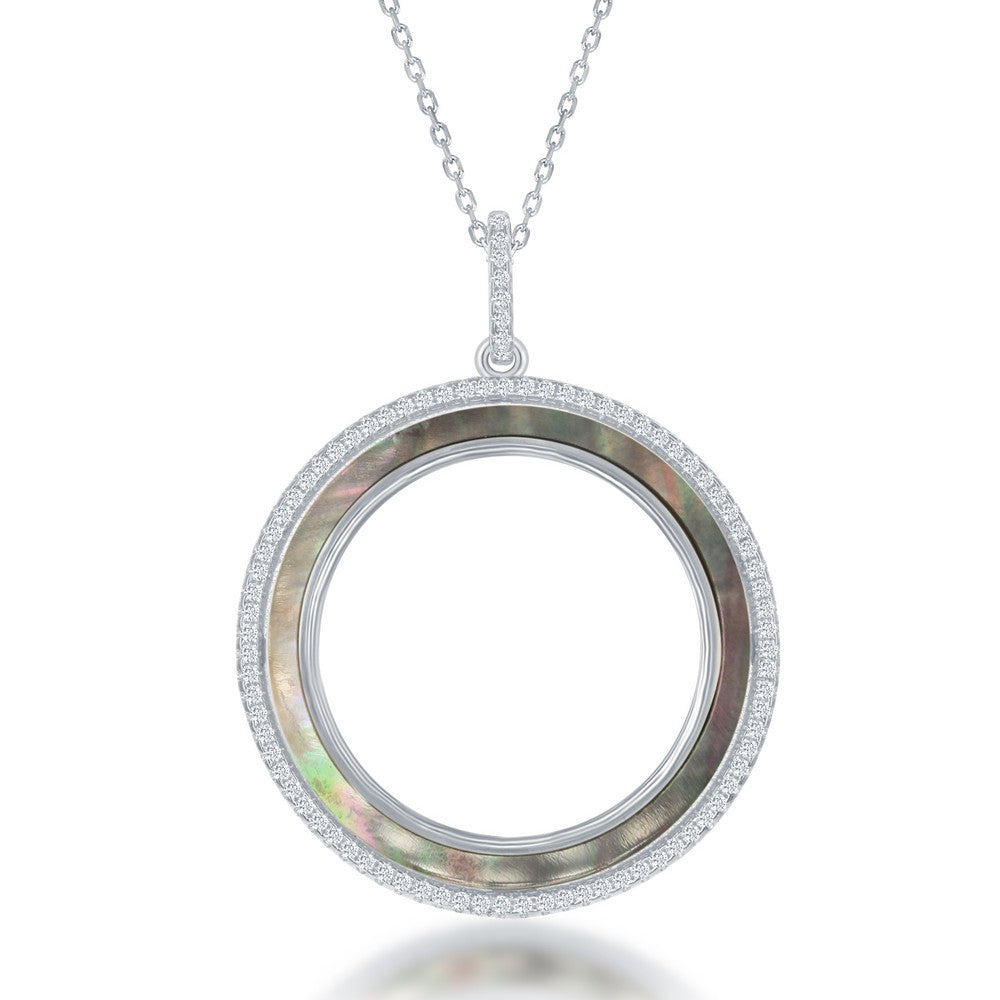 Sterling Silver Round Open Abalone CZ Circle Pendant (90988)