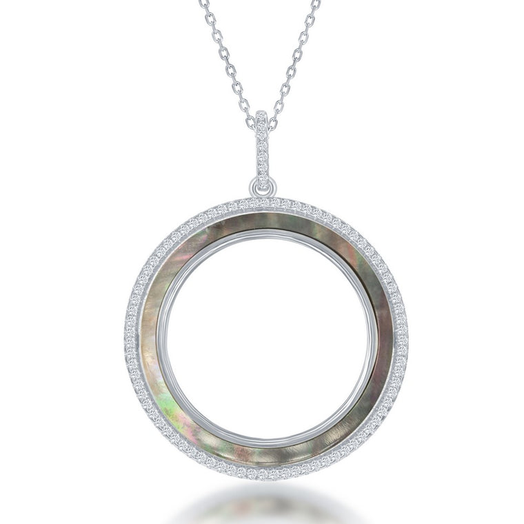 Sterling Silver Round Open Abalone CZ Circle Pendant (90988)