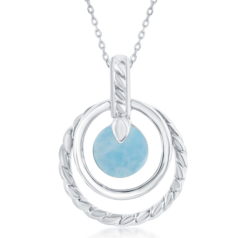 Sterling Silver Rope Design Larimar Double Circle Pendant with Sterling Silver Chain (90804)