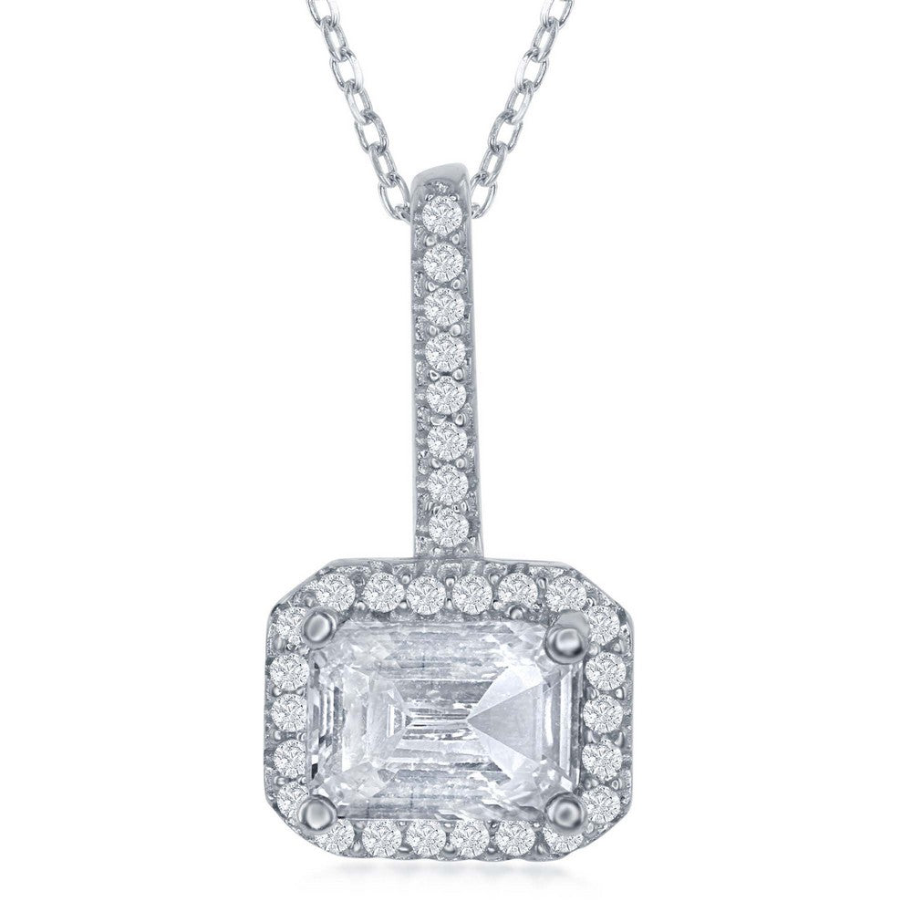 Sterling Silver Sideways Emerald Cut White CZ with CZ Border Pendant (91102)