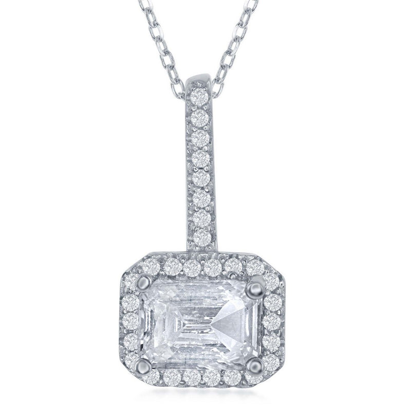 Sterling Silver Sideways Emerald Cut White CZ with CZ Border Pendant (91102)