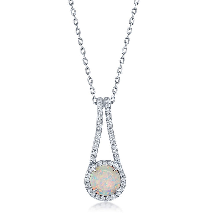 Sterling Silver Round Created White Opal Pendant with CZ Halo (93811)