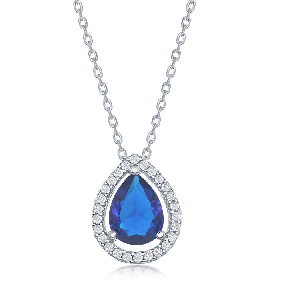 Sterling Silver Pear Shaped Pendant set with Blue Sapphire Cubic Zirconia surrounded by White Cubic Zirconia, 18" Sterling Silver Chain included.