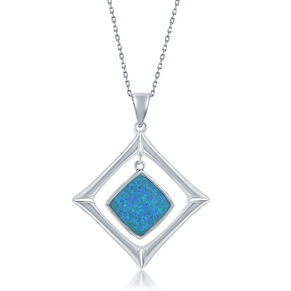 Sterling Silver Diamond Shape Blue Inlay Created Opal inside Diamond Shape Sterling Silver Pendant with 18" Sterling Silver Chain.