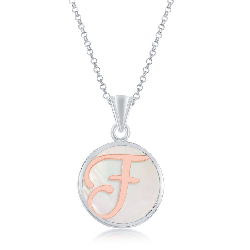 Sterling Silver Pendant with Rose Gold Plated 'F' Initial with Mother of Pearl and 18" Sterling Silver Chain. Pendant Measures Approximately 1" including the bail.