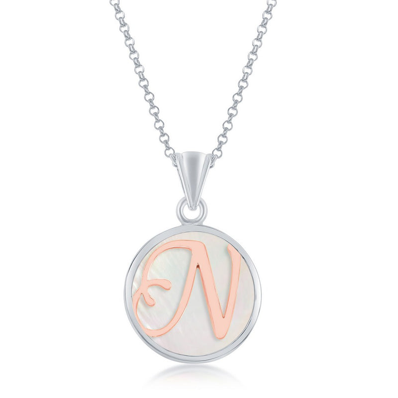 Sterling Silver Pendant with Rose Gold Plated 'N' Initial with Mother of Pearl and 18" Sterling Silver Chain. Pendant Measures Approximately 1" including the bail.
