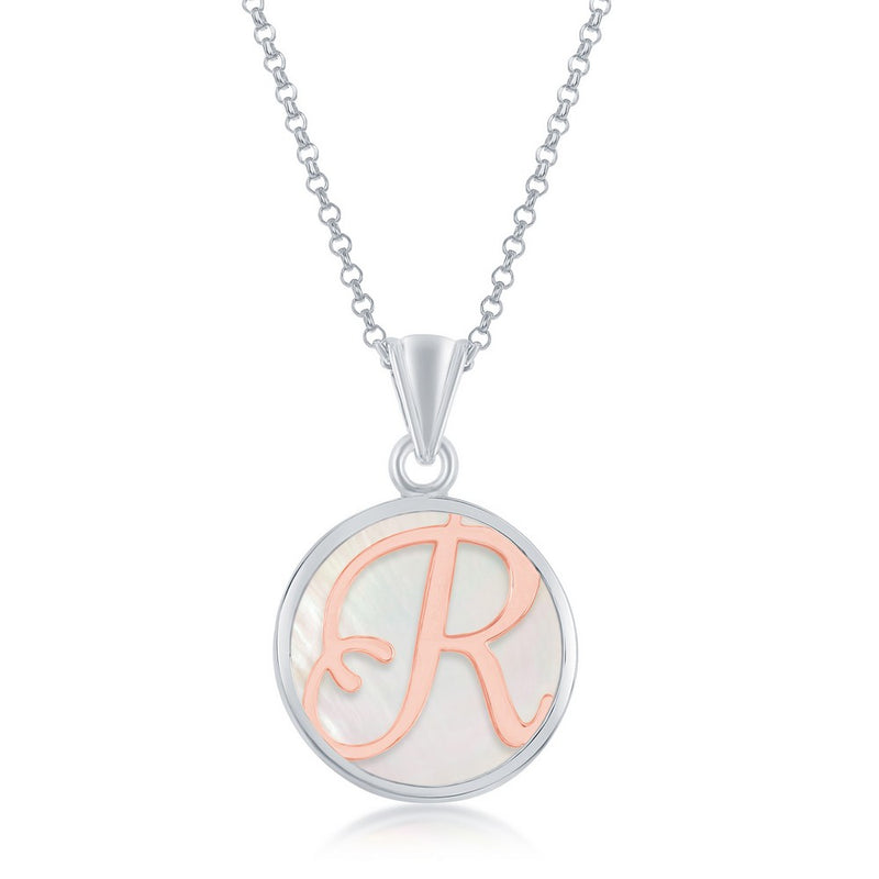 Sterling Silver Pendant with Rose Gold Plated 'R' Initial with Mother of Pearl and 18" Sterling Silver Chain. Pendant Measures Approximately 1" including the bail.