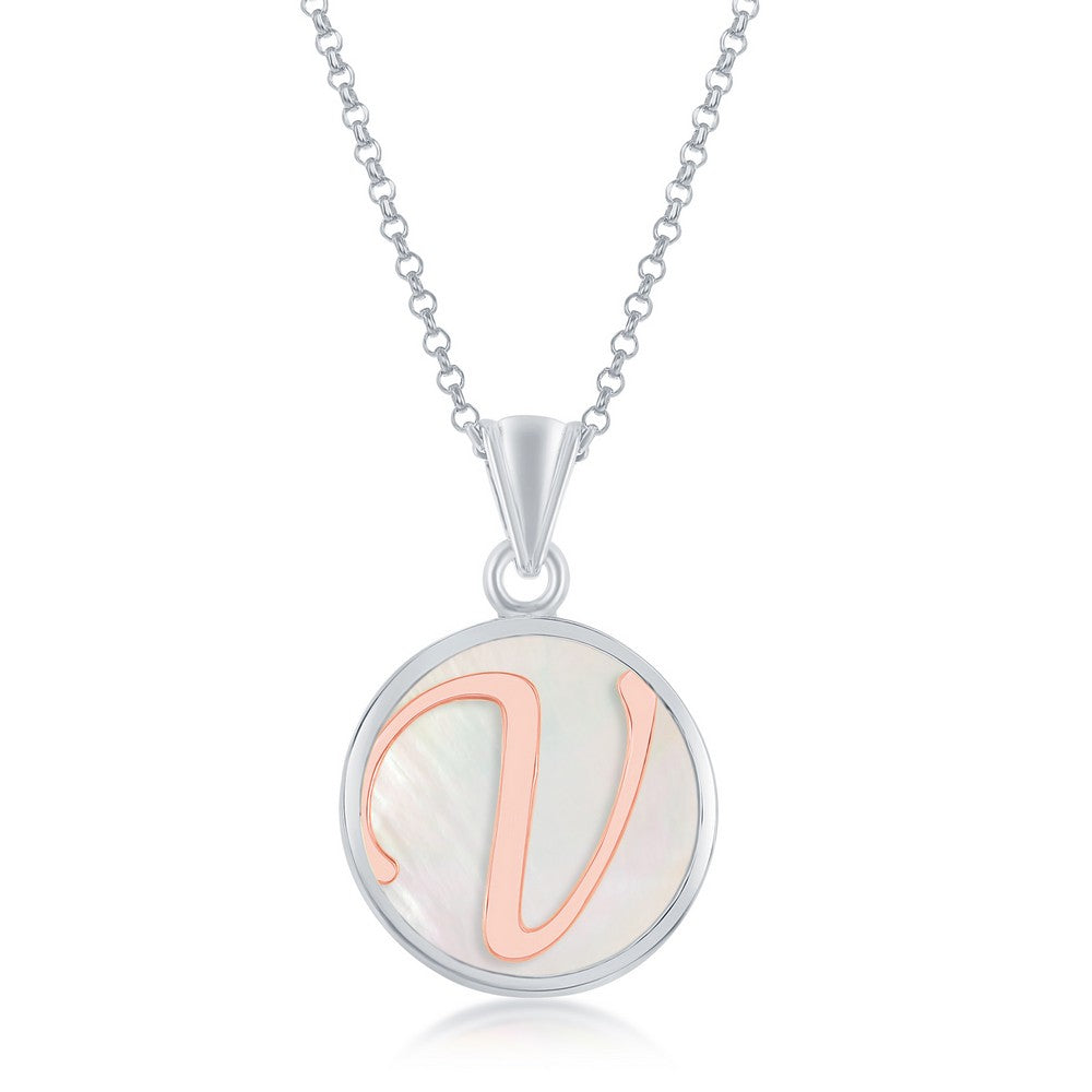 Sterling Silver Pendant with Rose Gold Plated 'V Initial with Mother of Pearl and 18" Sterling Silver Chain. Pendant Measures Approximately 1" including the bail.