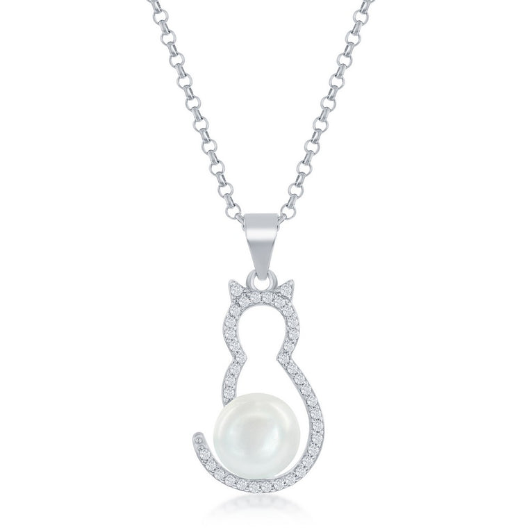 Sterling Silver Cubic Zirconia Cat with Freshwater Pearl Necklace (97571)
