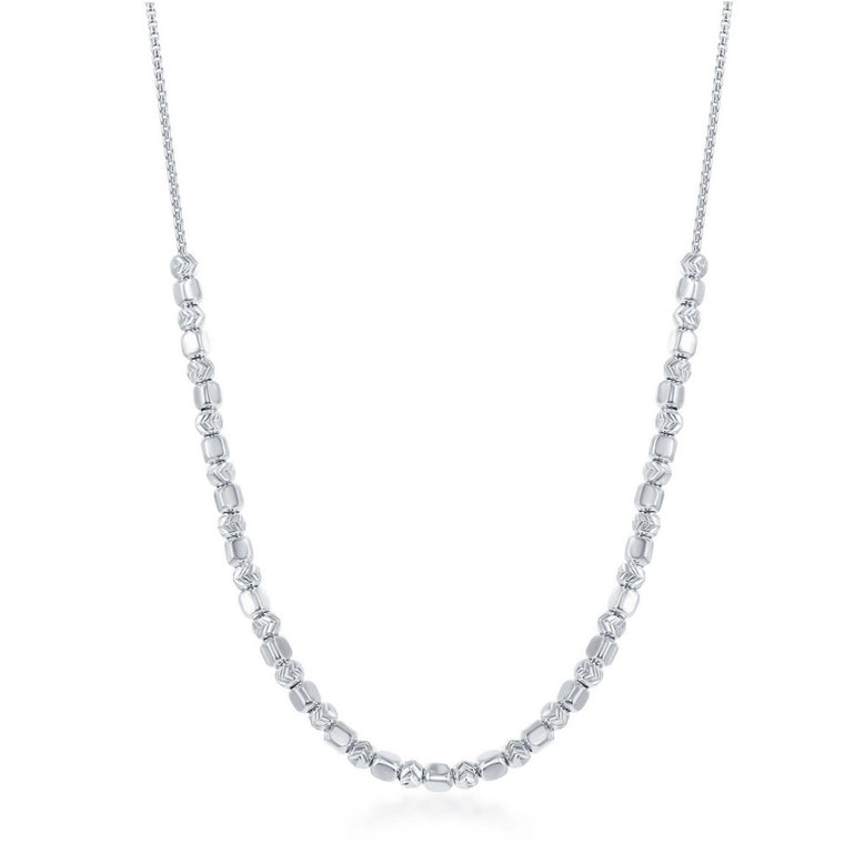 Sterling Silver Alternating Square Bead with Diamond Chevron Cut Bead Necklace (91903)