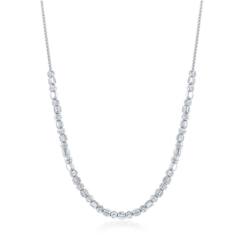 Sterling Silver Alternating Square Bead with Diamond Chevron Cut Bead Necklace 