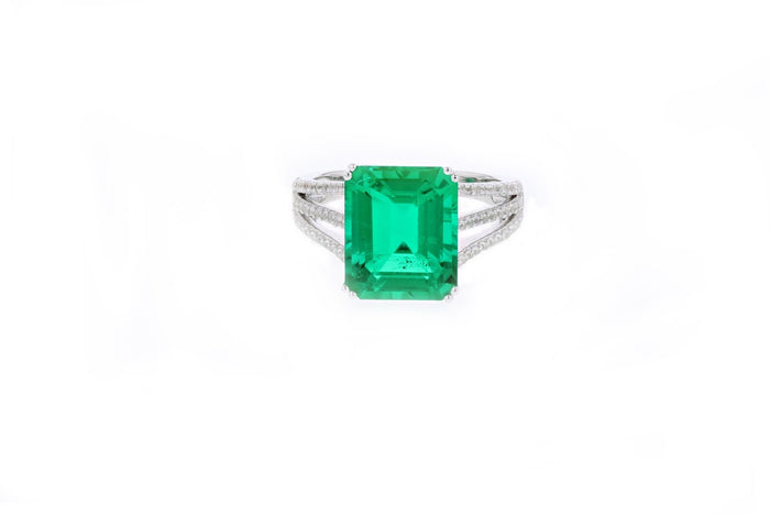 Lab Created Emerald Cut Color Change Lusterine and White Topaz Ring