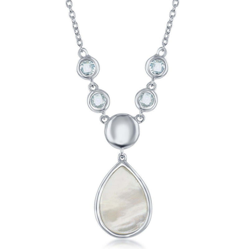 Sterling Silver Bezel Set Blue Topaz and Teardrop Mother of Pearl Necklace 