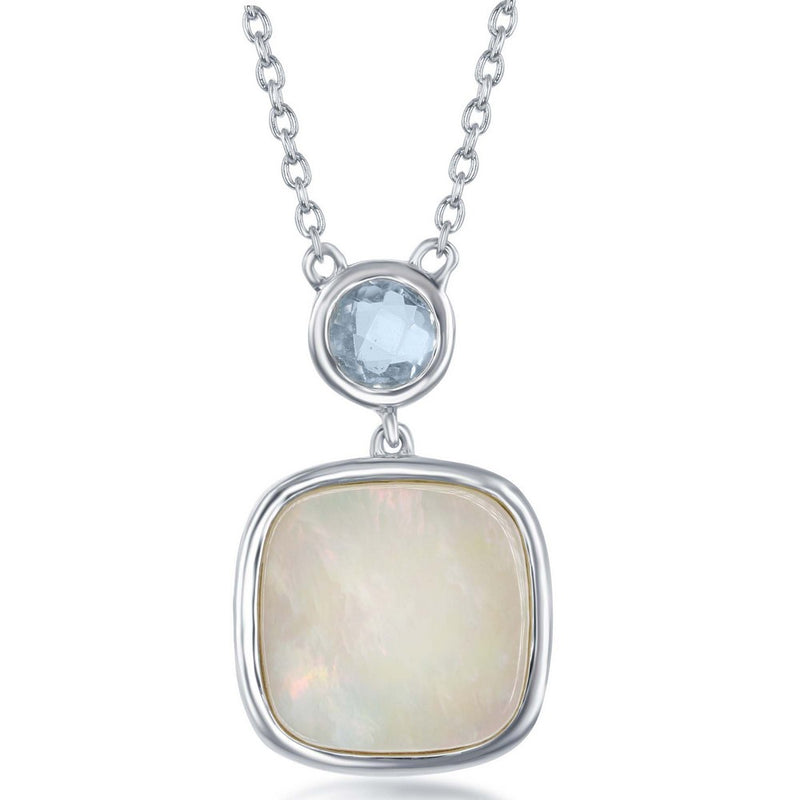 Sterling Silver Bezel Set Blue Topaz and Square Mother of Pearl Necklace