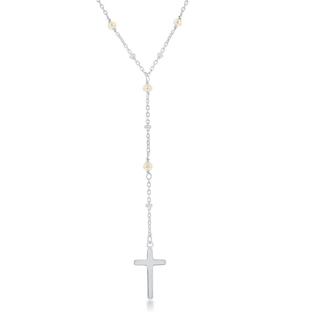 Sterling Silver Freshwater Pearl & Plain Beads Cross Rosary Necklace (92155)