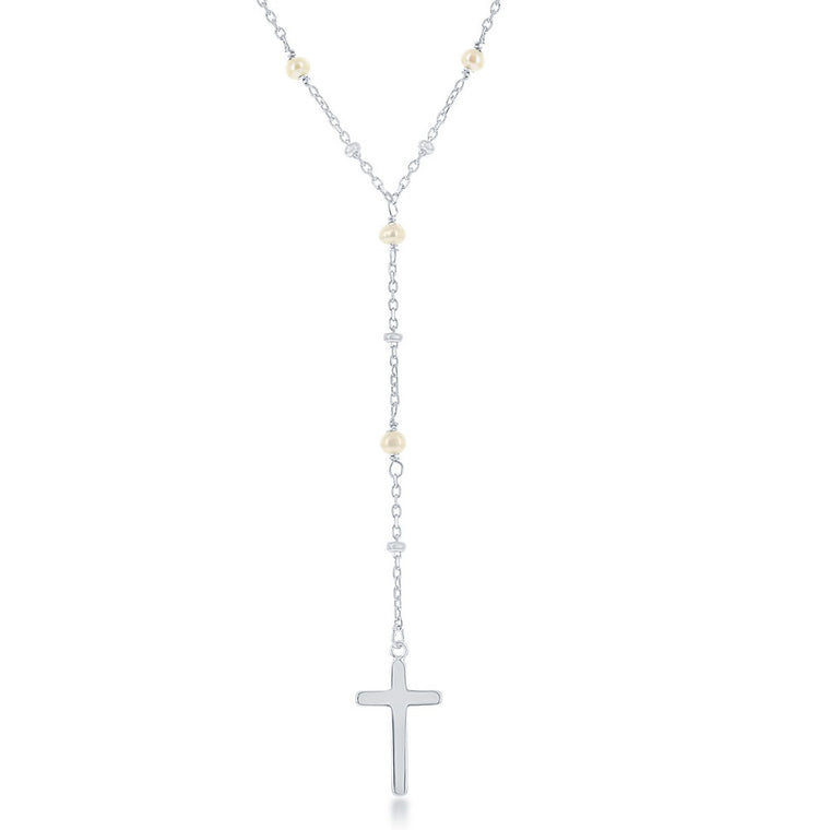 Sterling Silver Freshwater Pearl & Plain Beads Cross Rosary Necklace (92155)