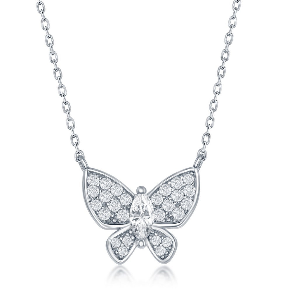 Sterling Silver CZ  Butterfly Necklace on adjustable 16+2" Sterling Silver Chain.