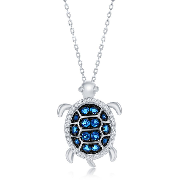 Sterling Silver Blue Spinel and White CZ Turtle Necklace (98712)