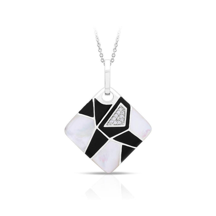 he Montage Collection by Belle Etoile showcases a marvelous mosaic of texture and dimension. Featuring hand-painted enamel and luxuriously lustrous mother-of-pearl, the Montage Collection is the perfect combination of contrast and elegance. White mother-of-pearl and hand-painted black Italian enamel with white stones set into rhodium-plated, nickel allergy-free, 925 sterling silver.