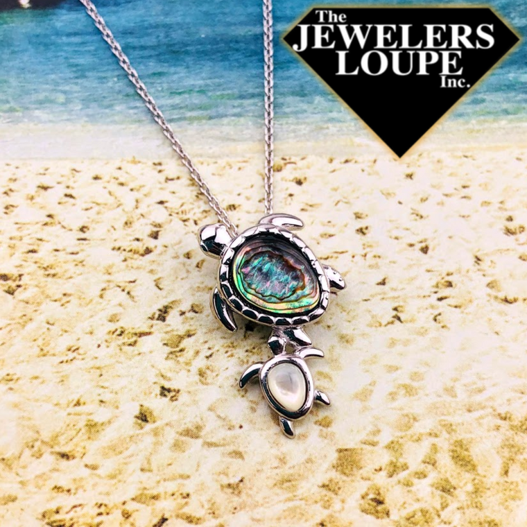 Sterling Silver Abalone Sea Turtle with Mother of Pearl Baby Turtle Necklace (93099)